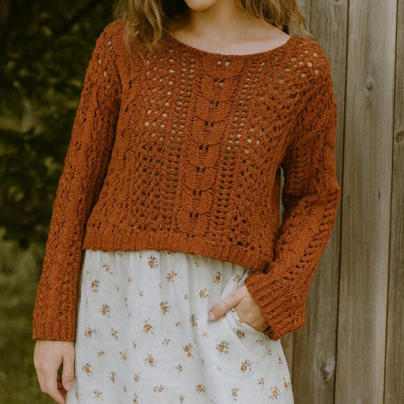 Cottagecore Boho Rust Brown Women's Sz S Open Knit Cozy Chunky Crochet Sweater - Picture 2 of 6